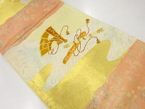 アンティーク　霞に檜扇・古楽器模様織出し袋帯（材料）
